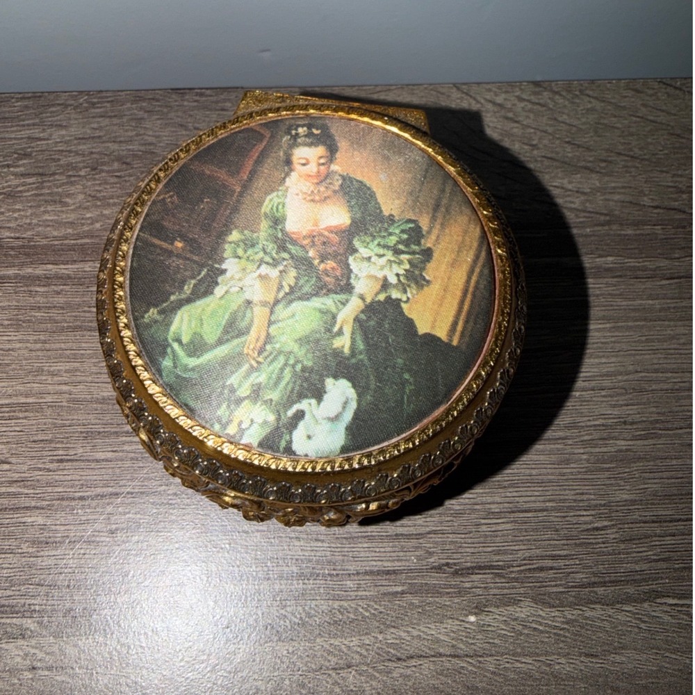 Vintage Gold Filigree Footed Musical Jewelry Box Red Velvet Portrait Box- Works